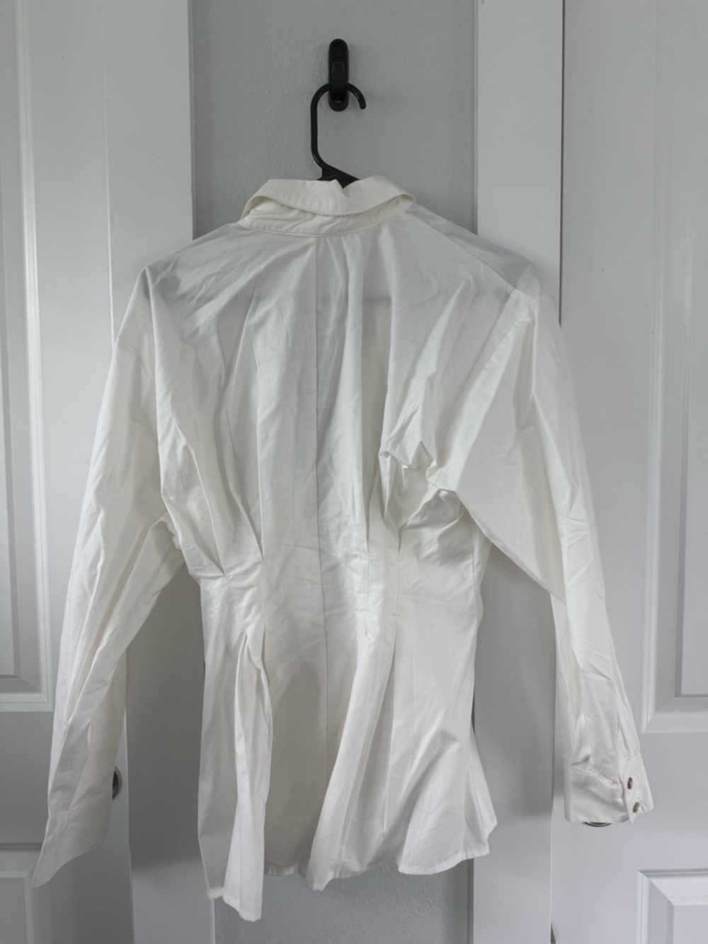 Anthropologie Cream Button-Front Peplum Blouse with Black Belt Accent - Picture 6 of 7